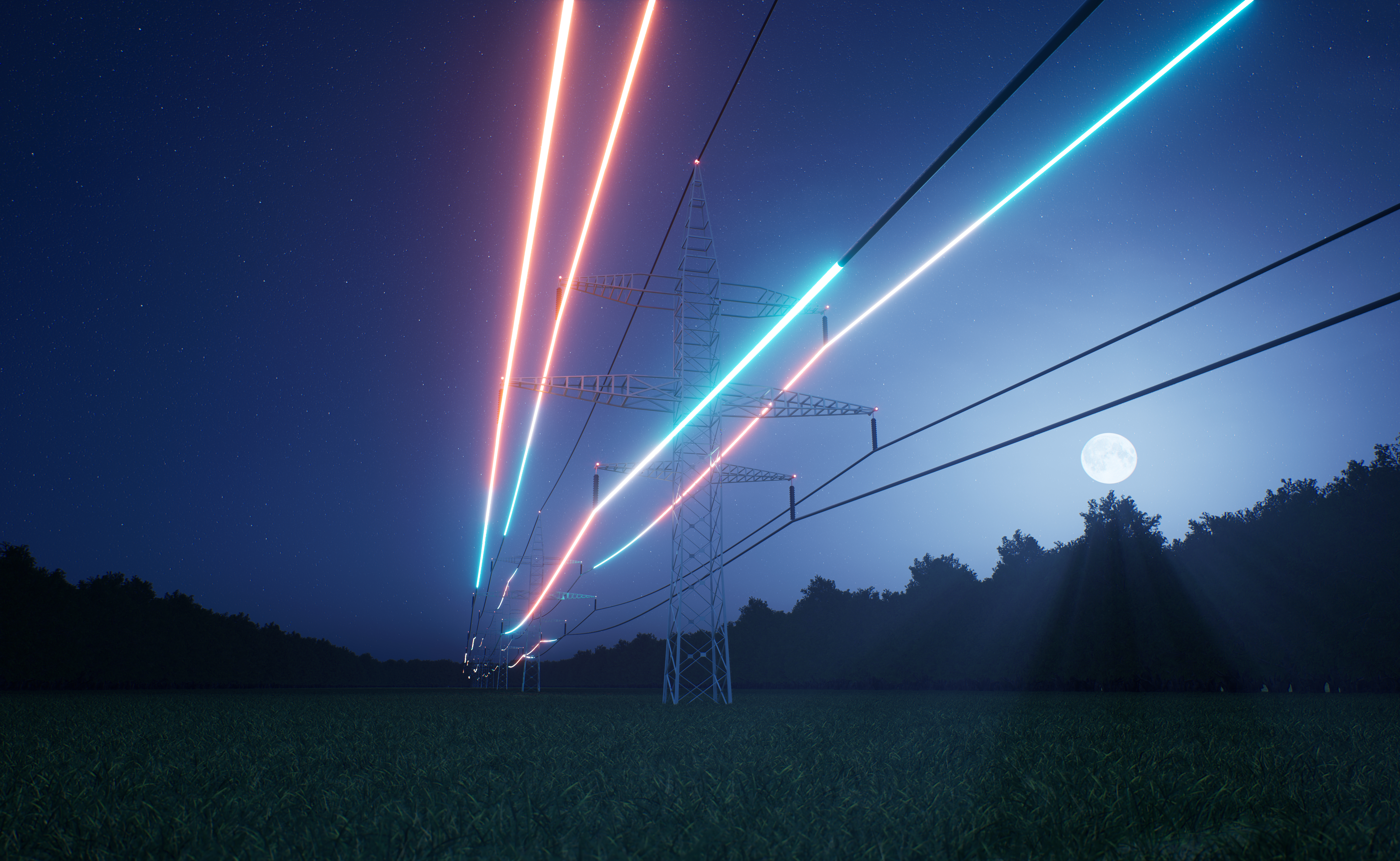 Linee elettriche ad alta tensione di notte